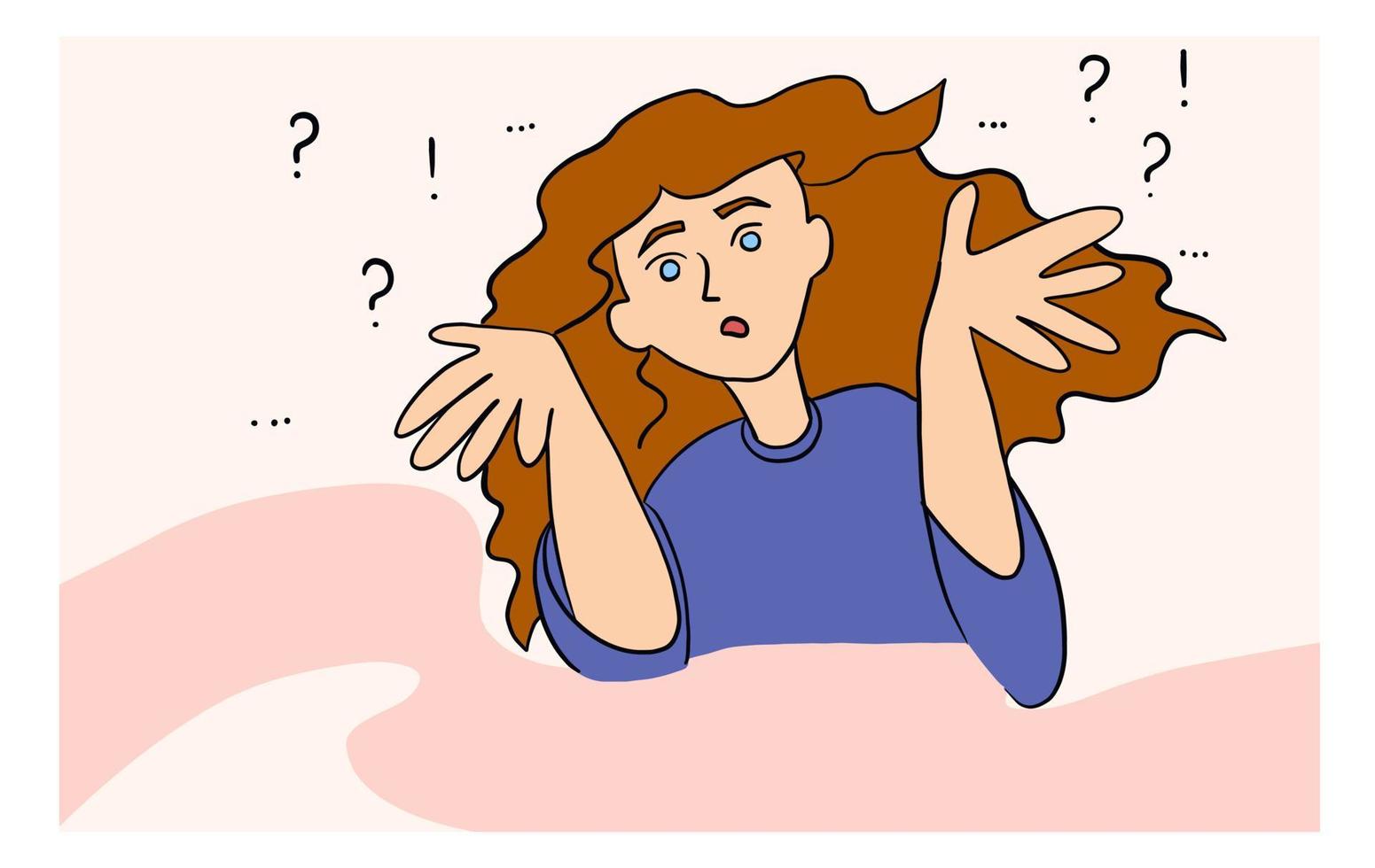 illustration plate de vecteur de situation psychologique. une femme inquiète et surprise étend ses bras sur les côtés et pose des questions