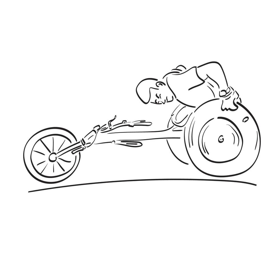 dessin au trait athlète masculin handicapé courant sur un fauteuil roulant illustration vecteur dessiné à la main isolé sur fond blanc