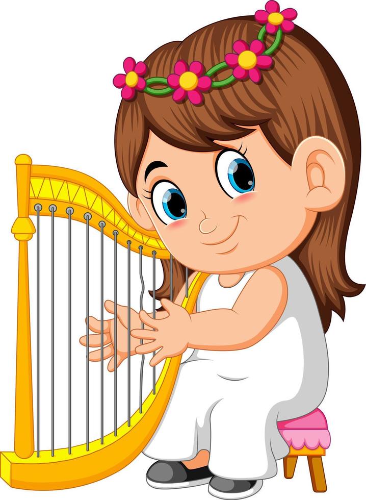 une belle fille aux longs cheveux bruns jouant de la harpe vecteur