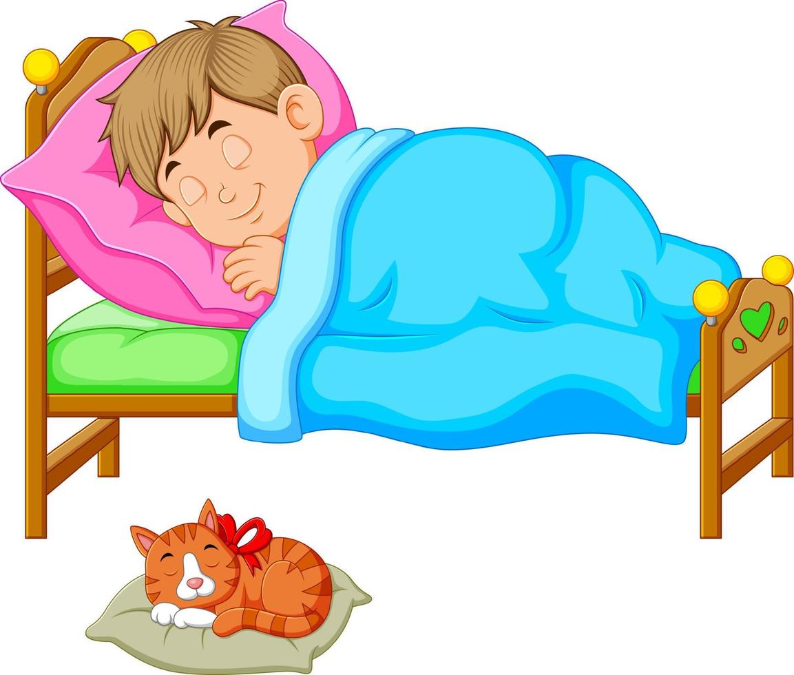 garçon endormi au lit avec un chaton vecteur