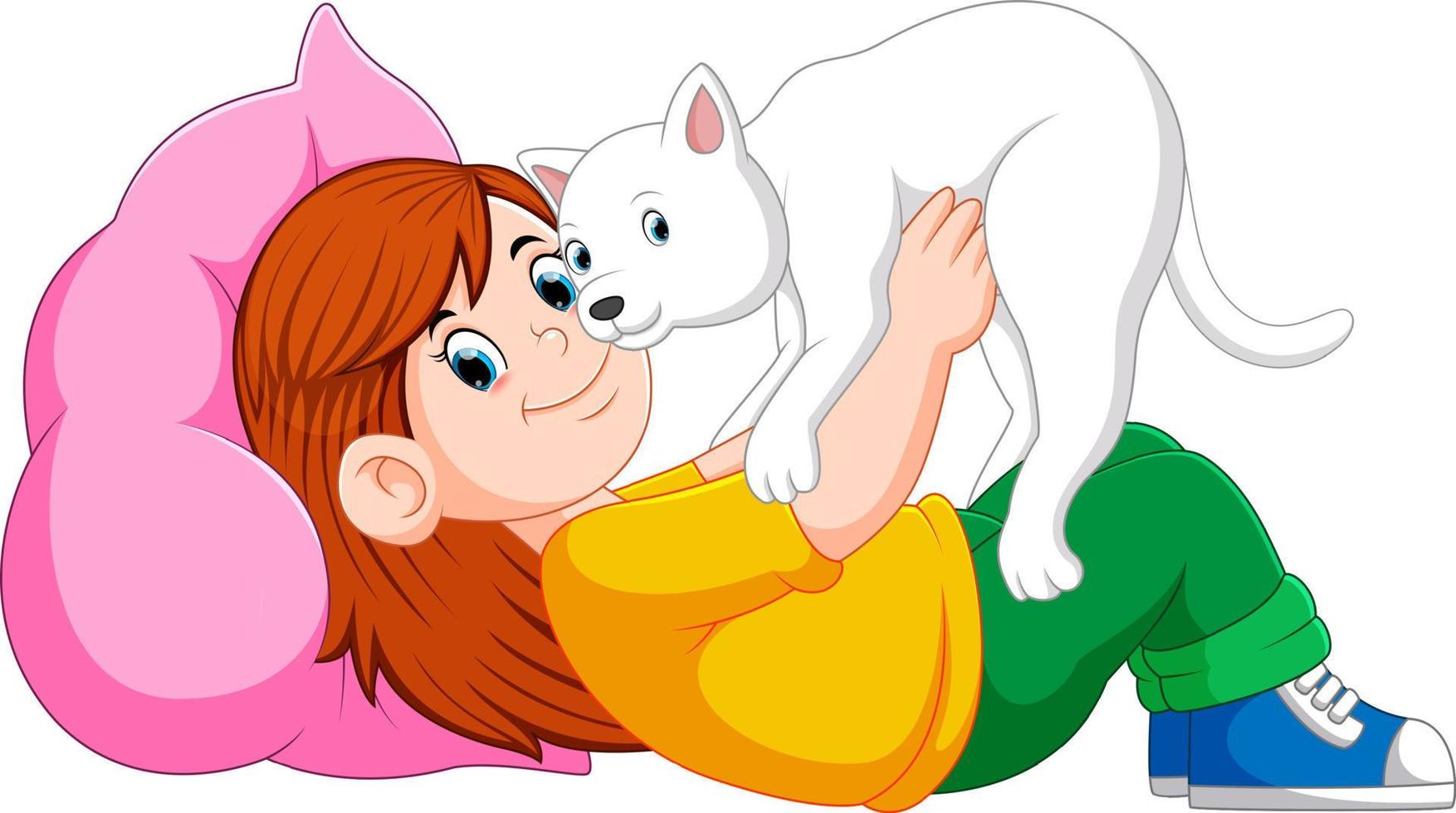 petite fille se reposant sur le lit avec son chaton vecteur