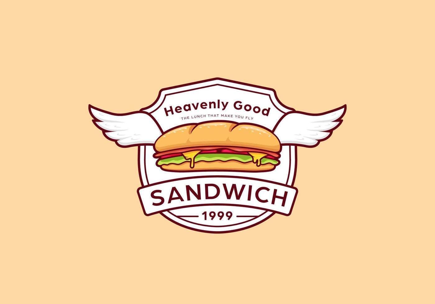 sandwich sous-marin baguette avec modèle d'emblème d'insigne d'icône de logo d'aile vecteur