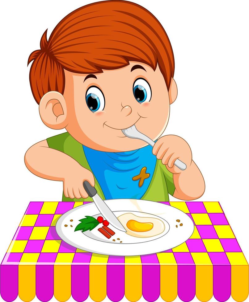 un jeune garçon assis tout en prenant son petit déjeuner vecteur