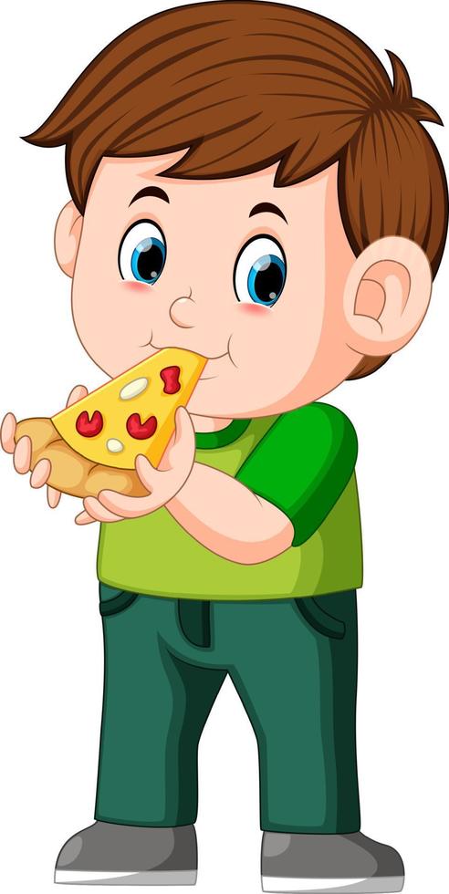 mignon garçon mangeant de la pizza vecteur