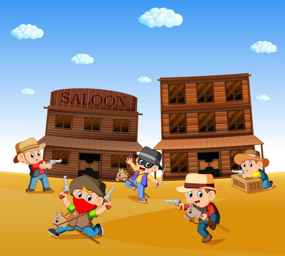 enfants portant un costume de cow-boy et jouant avec le fond de la ville de l'ouest vecteur