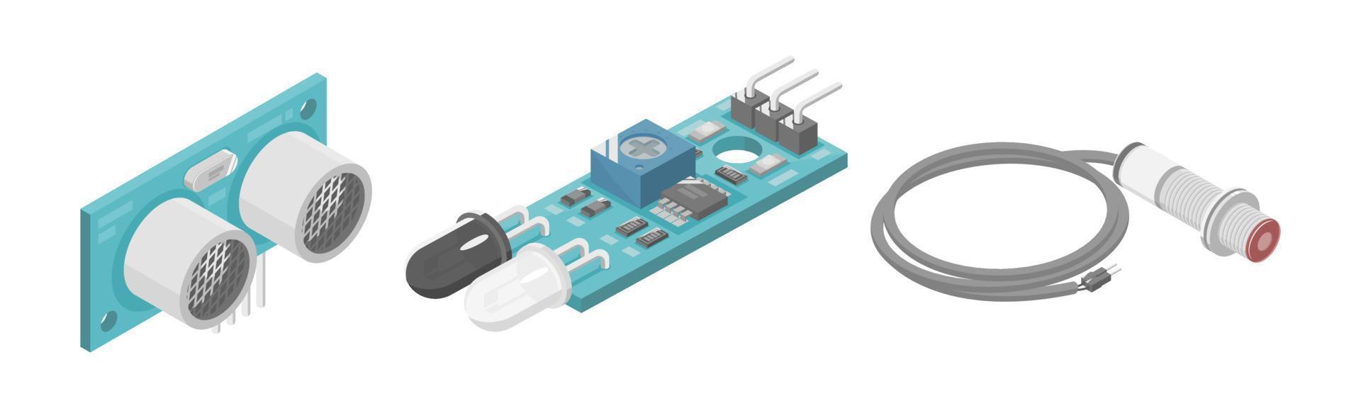 arduino ultrasons ir infrarouge module capteur microcontrôleur interface plc composant industriel isométrique dessin animé vecteur