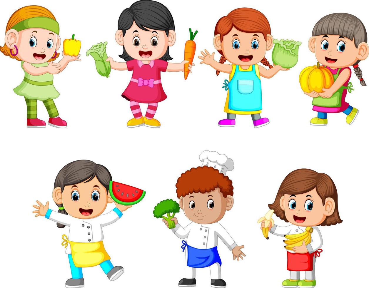 une collection d'enfants tient les légumes frais avec différentes poses vecteur