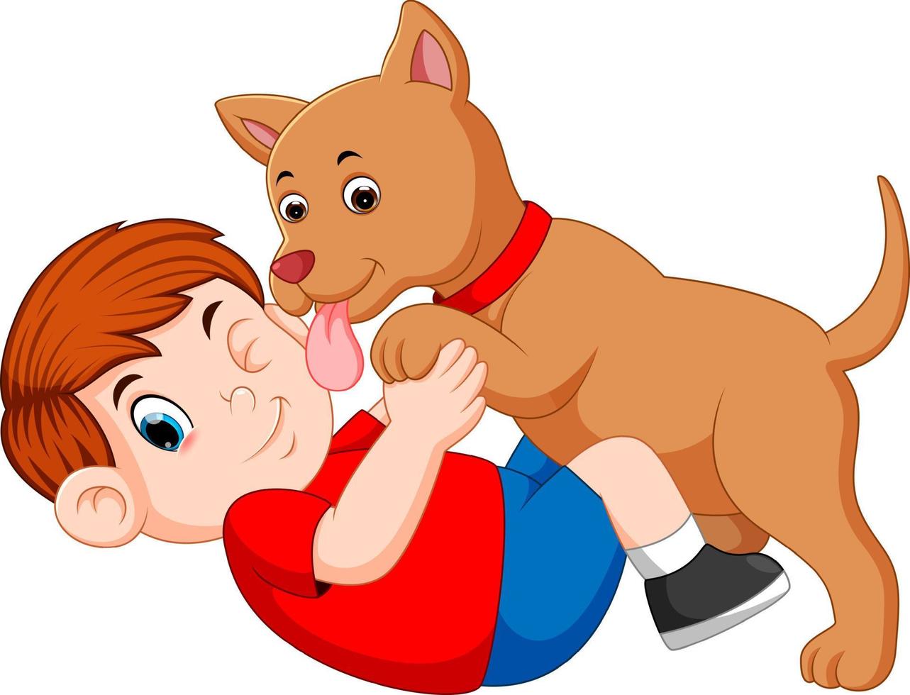 garçon jouant avec un chien et un chien léchant le visage de son propriétaire vecteur