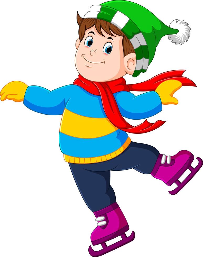 un garçon utilise le chapeau vert et le châle rouge avec les chaussures de patinage sur glace vecteur