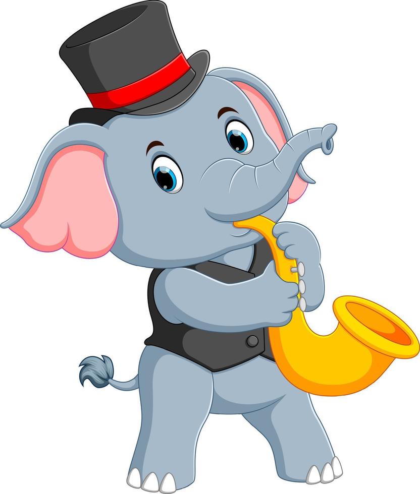 le grand éléphant gris utilise le chapeau noir et joue de la trompette vecteur