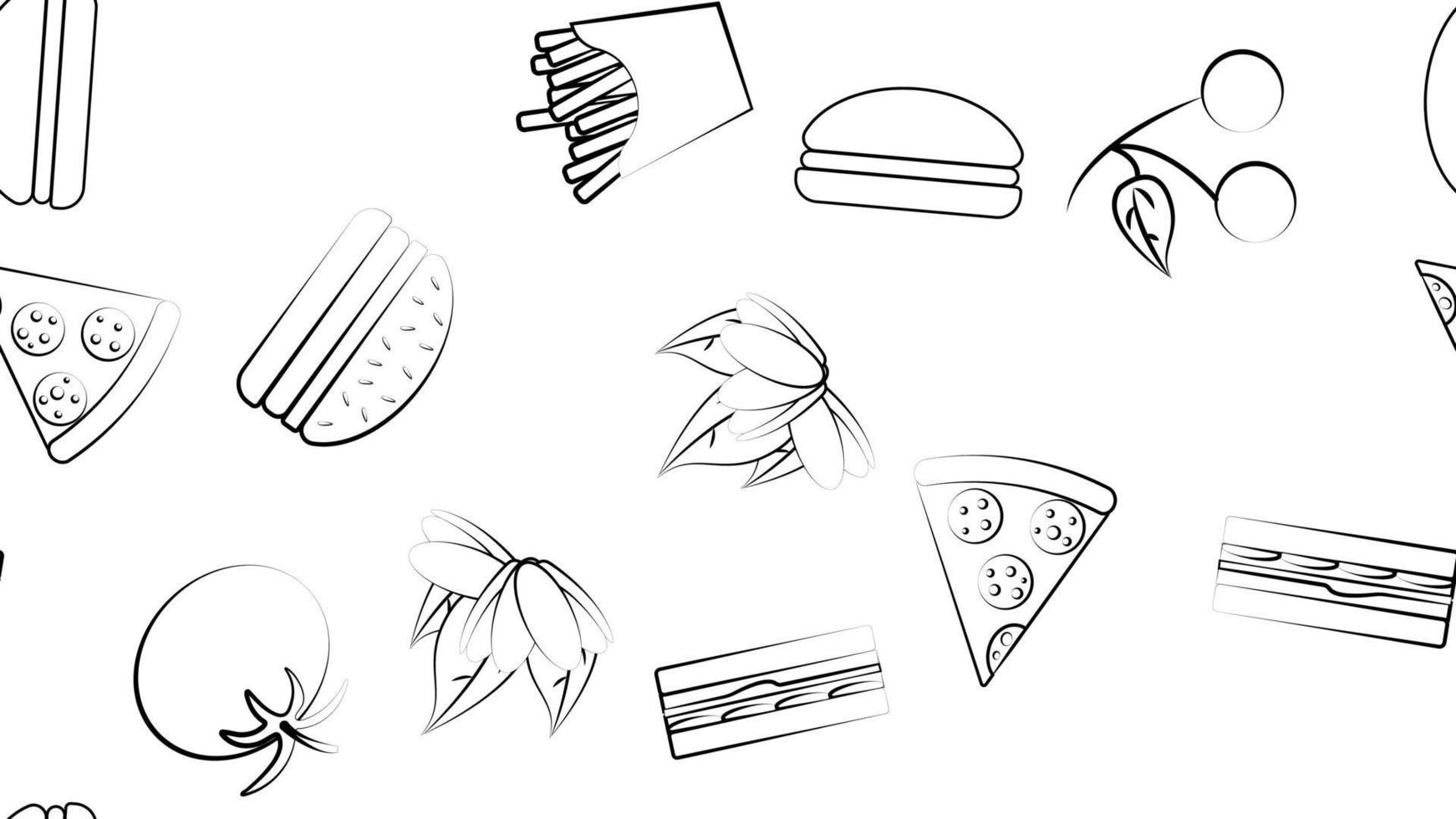 modèle sans fin noir et blanc d'icônes d'aliments et de collations pour restaurant bar café frites, burger, pistaches, pizza, sandwich, tomate, cerise. l'arrière-plan vecteur