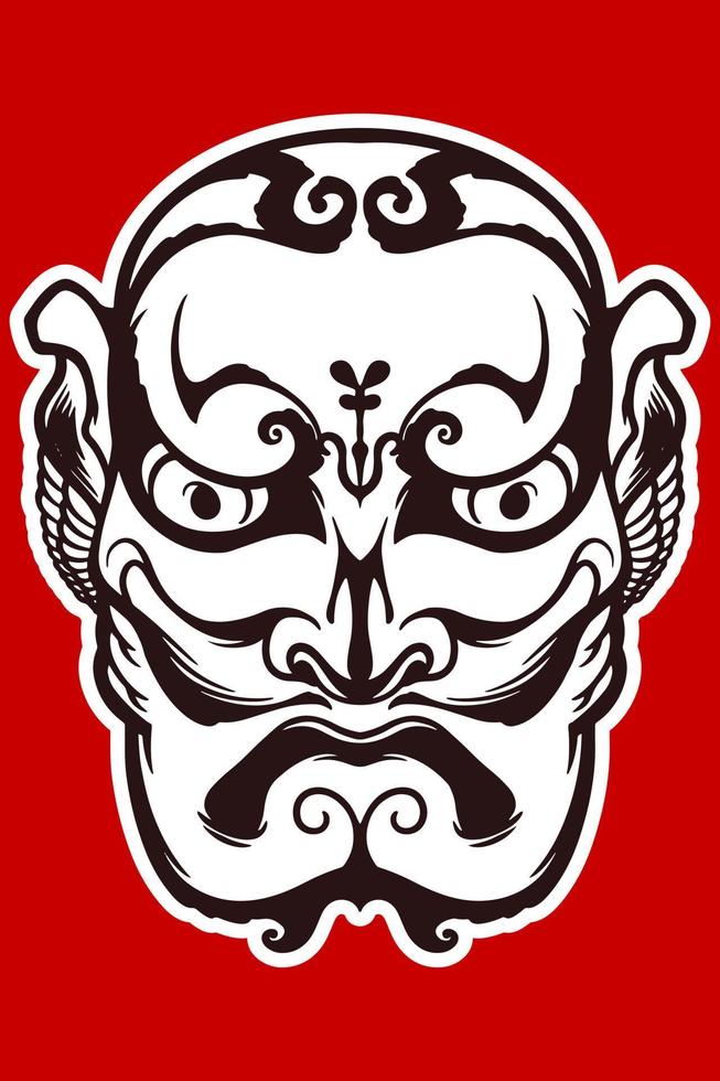 masque traditionnel japonais blanc dessiné à la main isolé sur fond rouge. vecteur