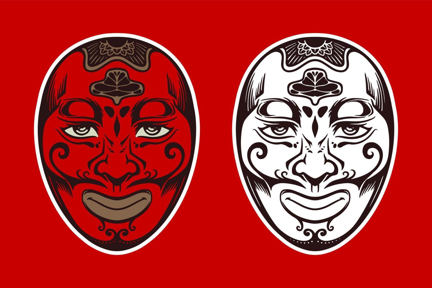 masque traditionnel japonais blanc rouge dessiné à la main sur fond rouge. vecteur