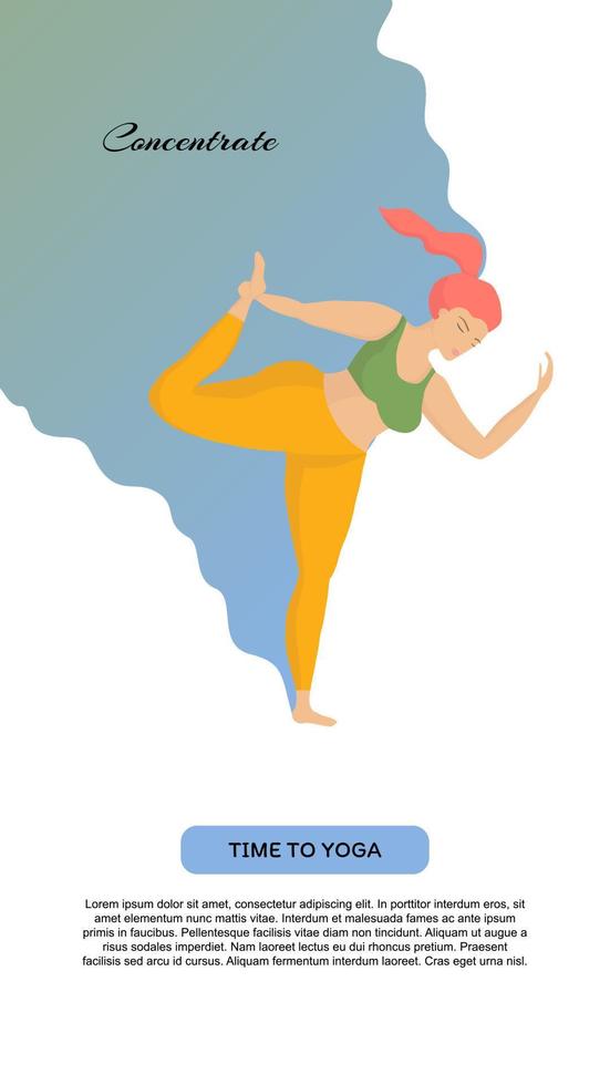 yoga et mode de vie sain sport et concept positif du corps.jeune femme européenne surdimensionnée aux cheveux roux heureux en position de yoga. pour la page d'application mobile ou les cours de yoga de bannière de site Web vecteur