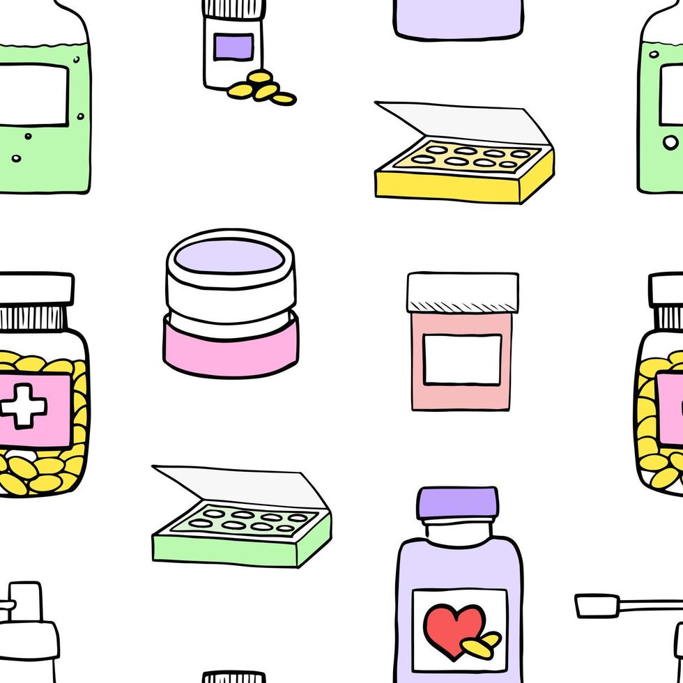 modèle sans couture de pharmacie. fond avec des symboles médicaux et de soins de santé. illustration vectorielle de style doodle dessinés à la main vecteur
