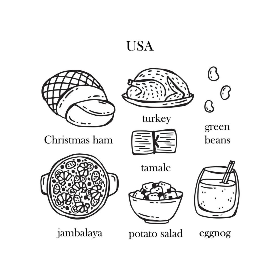 ensemble vectoriel d'illustrations de plats de noël américains. nouvel An. cuisine traditionnelle des états-unis d'amérique.