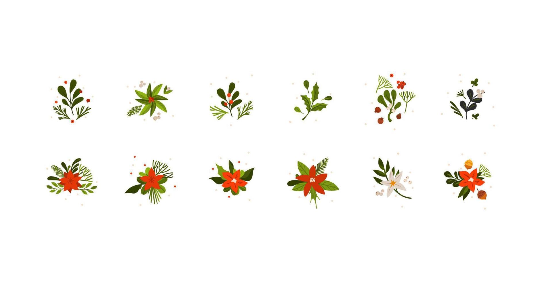 dessinés à la main vecteur abstrait graphique joyeux noël et bonne année clipart illustrations carte de voeux sertie de fleurs et de feuilles.