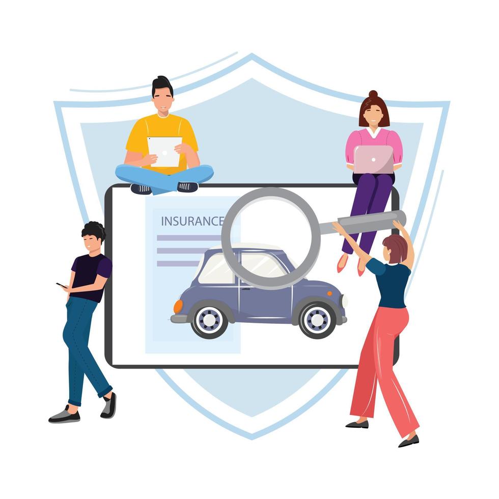 assurance automobile avec des personnes à la recherche d'une bonne compagnie d'assurance. assurance en ligne pour la voiture. les gens avec leurs appareils. assurance automobile, protection, location de voiture, illustration de concept de dommages avec des personnes. vecteur