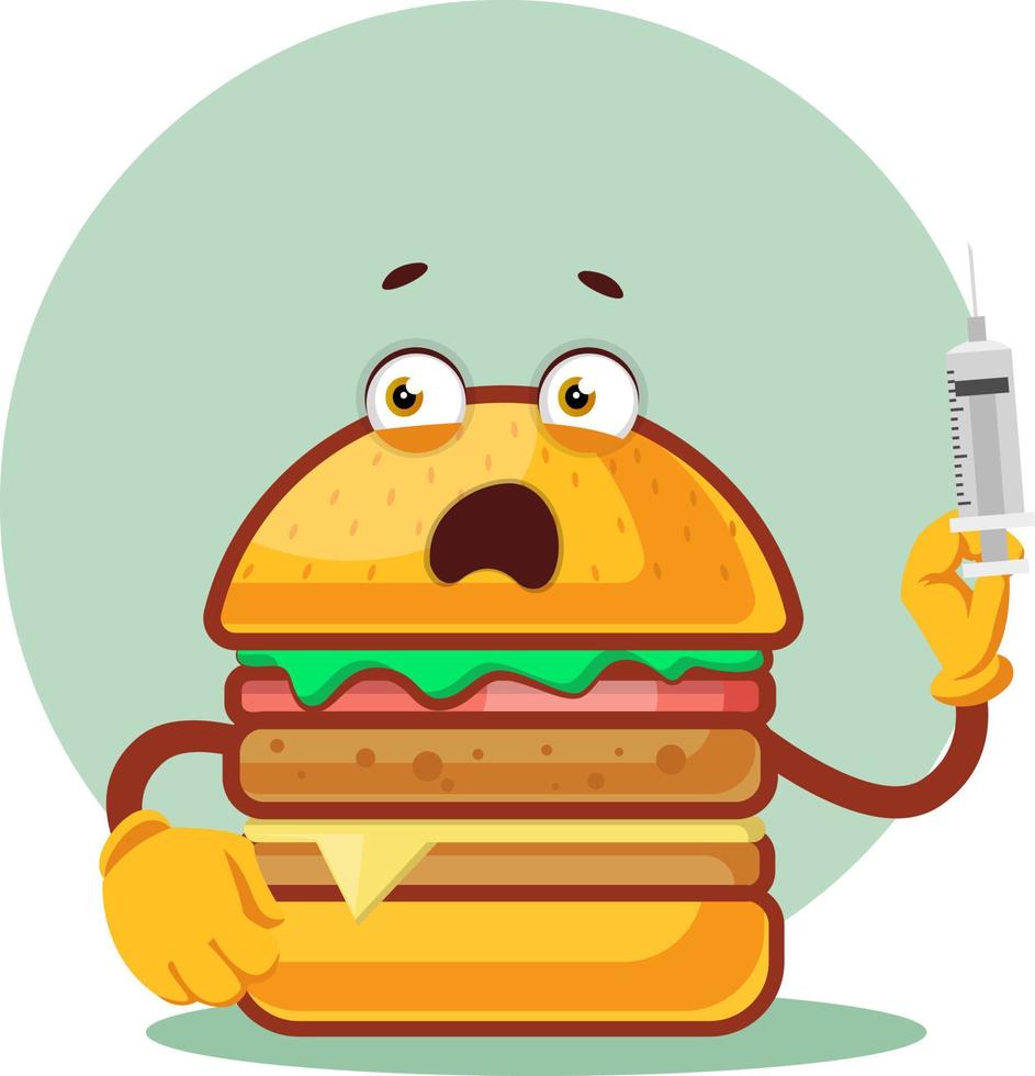 burger tient une seringue, illustration, vecteur sur fond blanc.