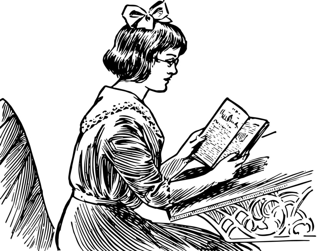 fille lisant un livre sur un bureau d'école, étude, gravure vintage. vecteur