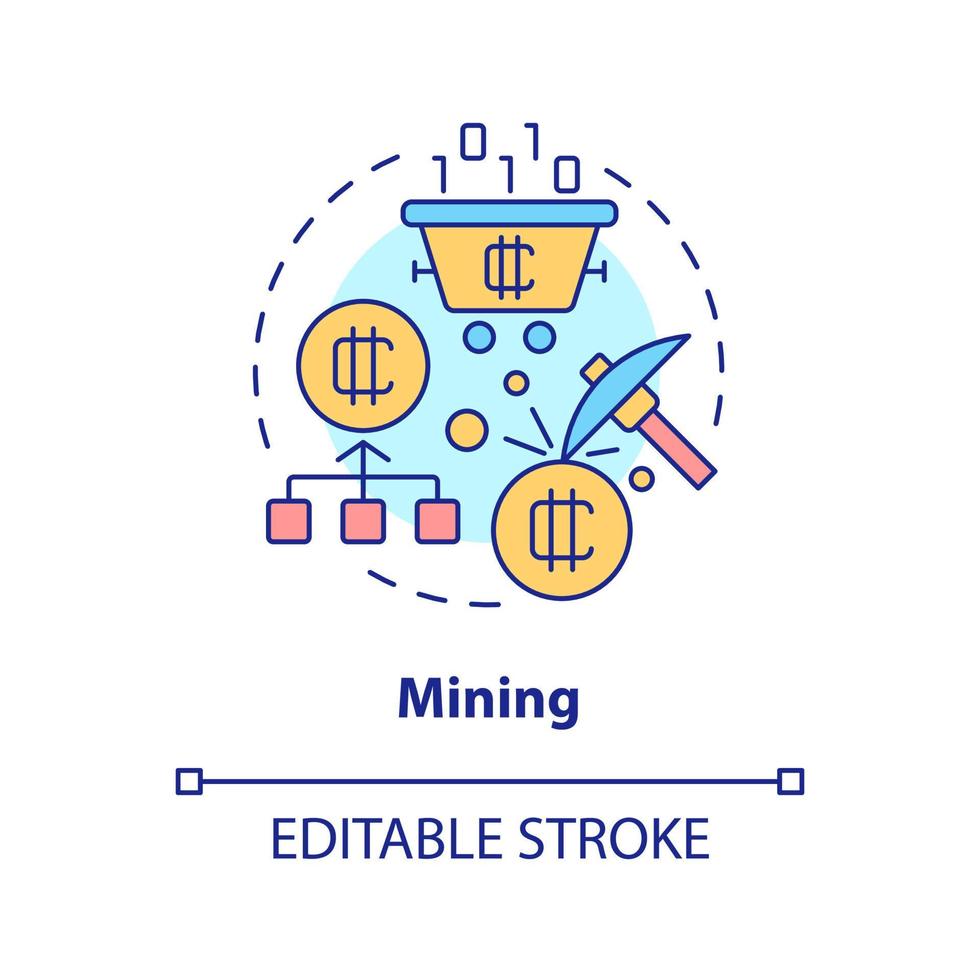 icône de concept minier. technologie blockchain. moyen de gagner de l'argent sur l'illustration de la ligne mince de l'idée abstraite crypto. dessin de contour isolé. trait modifiable. vecteur