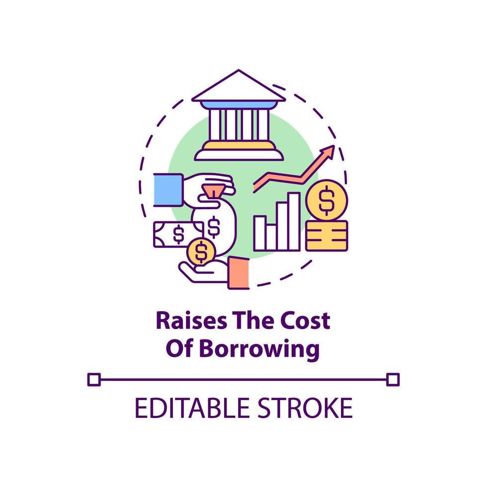 augmente le coût de l'icône de concept d'emprunt. taux d'intérêt élevé. effet de l'illustration de la ligne mince idée abstraite de l'inflation. dessin de contour isolé. trait modifiable. vecteur