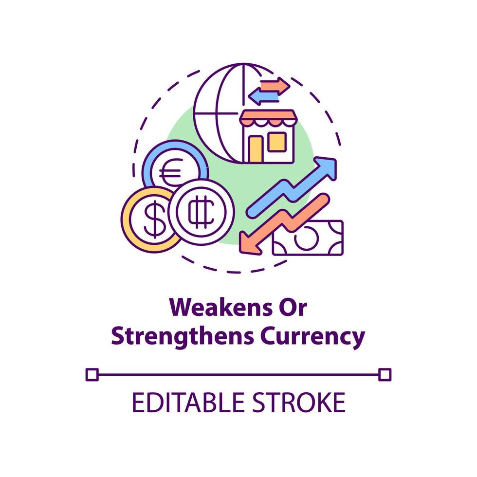 affaiblit et renforce l'icône du concept de devise. effet de l'illustration de la ligne mince idée abstraite de l'inflation. dessin de contour isolé. trait modifiable. vecteur