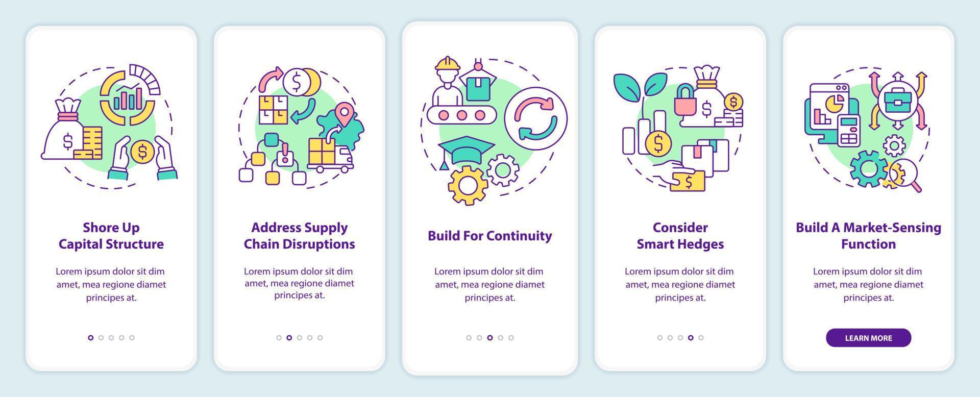 faire face à l'inflation dans l'écran de l'application mobile d'intégration des entreprises. procédure pas à pas en 5 étapes instructions graphiques modifiables avec des concepts linéaires. ui, ux, modèle d'interface graphique. vecteur