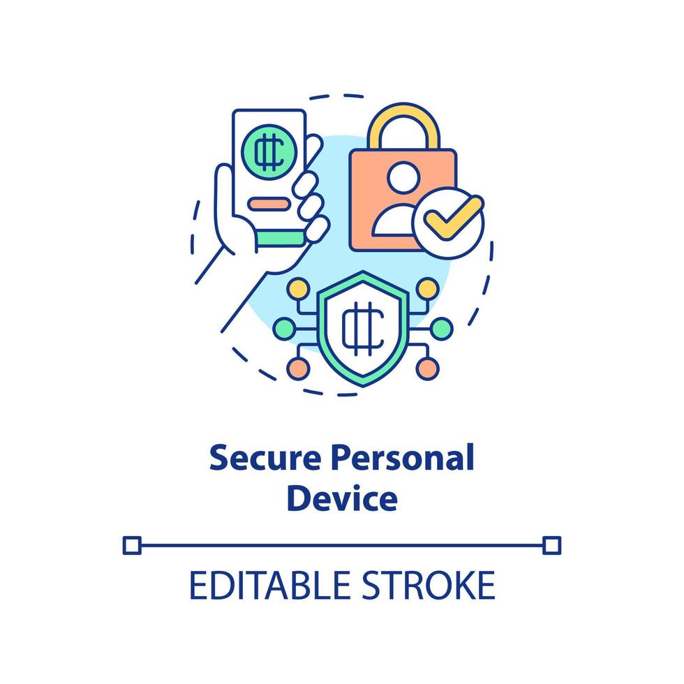 icône de concept de périphérique personnel sécurisé. utilisez un antivirus puissant. illustration de la ligne mince de l'idée abstraite de la sécurité du portefeuille crypto. dessin de contour isolé. trait modifiable. vecteur