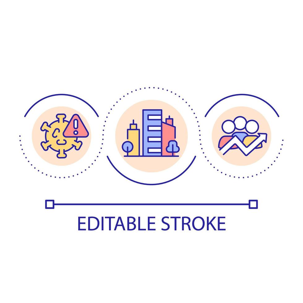 virus se propageant dans l'icône de concept de boucle de ville. santé publique. personnes infectées. illustration de fine ligne d'idée abstraite d'épidémiologie. dessin de contour isolé. trait modifiable. vecteur