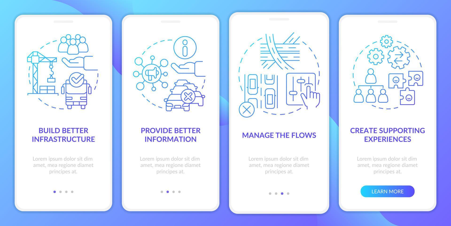 réduction de la surpopulation de l'écran de l'application mobile d'intégration du dégradé bleu. instructions graphiques en 4 étapes avec des concepts linéaires. ui, ux, modèle d'interface graphique. vecteur