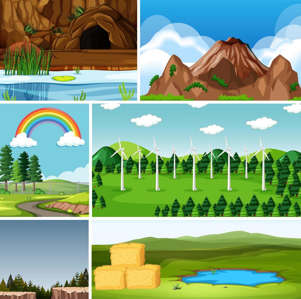six scènes différentes dans le style de dessin animé de la nature vecteur