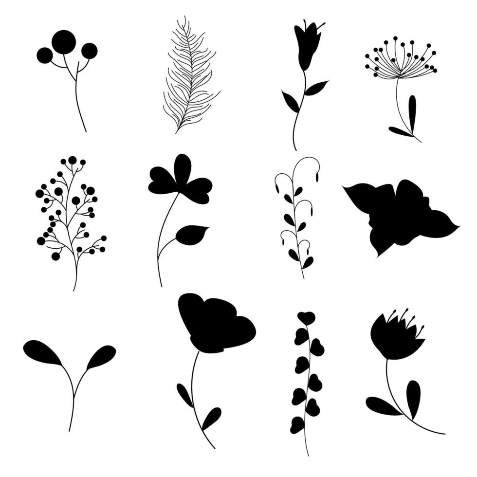 ensemble de silhouette de plantes et de fleurs. vecteur