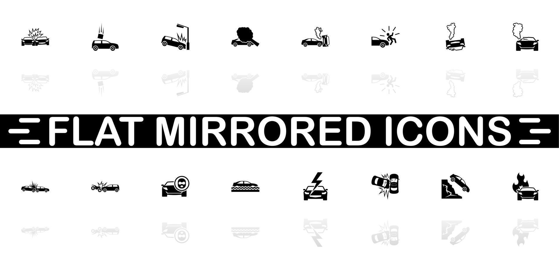 icônes d'accidents de voiture - symbole noir sur fond blanc. simple illustration. icône de vecteur plat. ombre de réflexion miroir. peut être utilisé dans les projets logo, web, mobile et ui ux.