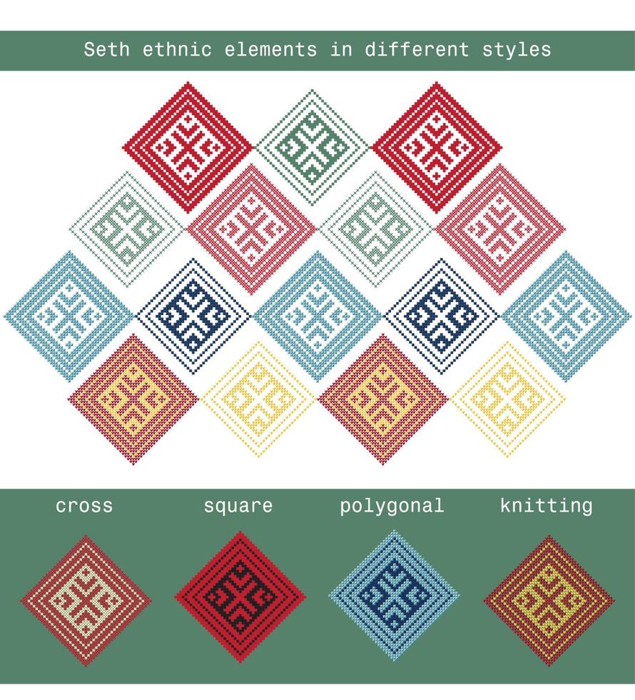 définir des éléments ethniques dans différents styles - croix, carré, polygonal, tricoté vecteur