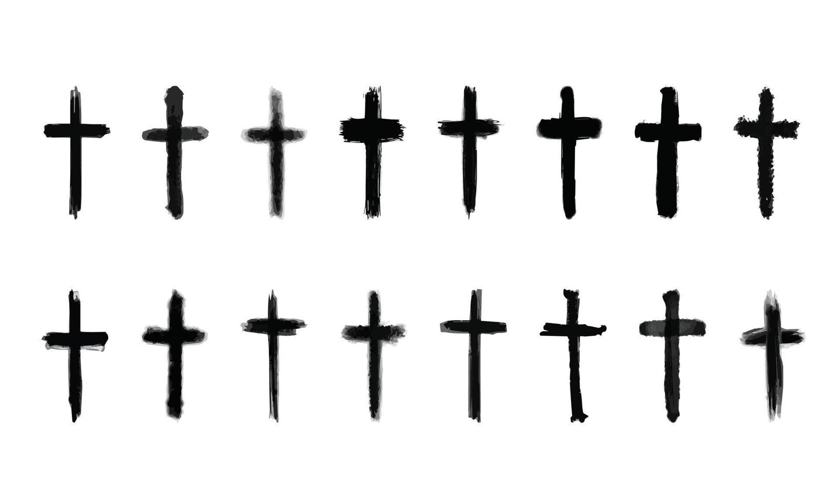 ensemble d'icônes d'église de croix chrétienne. symbole du christianisme de jésus christ. coups de pinceau naturels en noir et blanc. vecteur