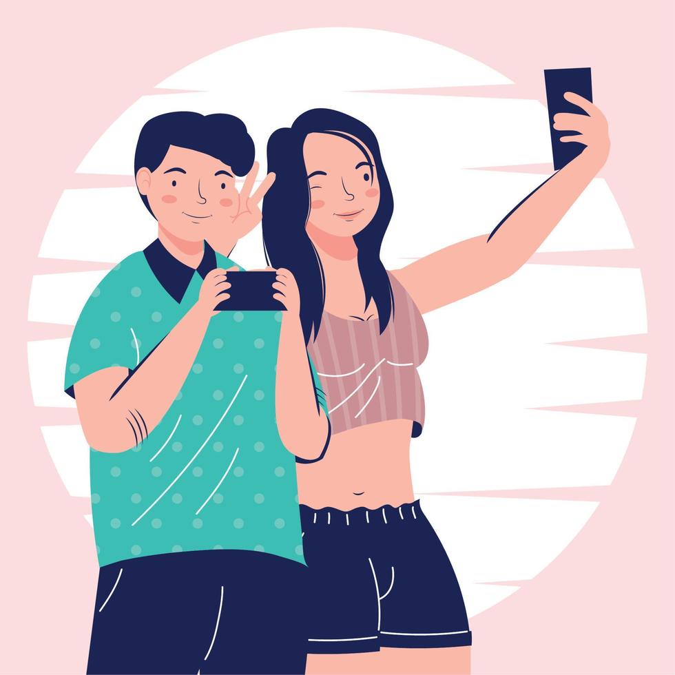 un couple prend un selfie vecteur