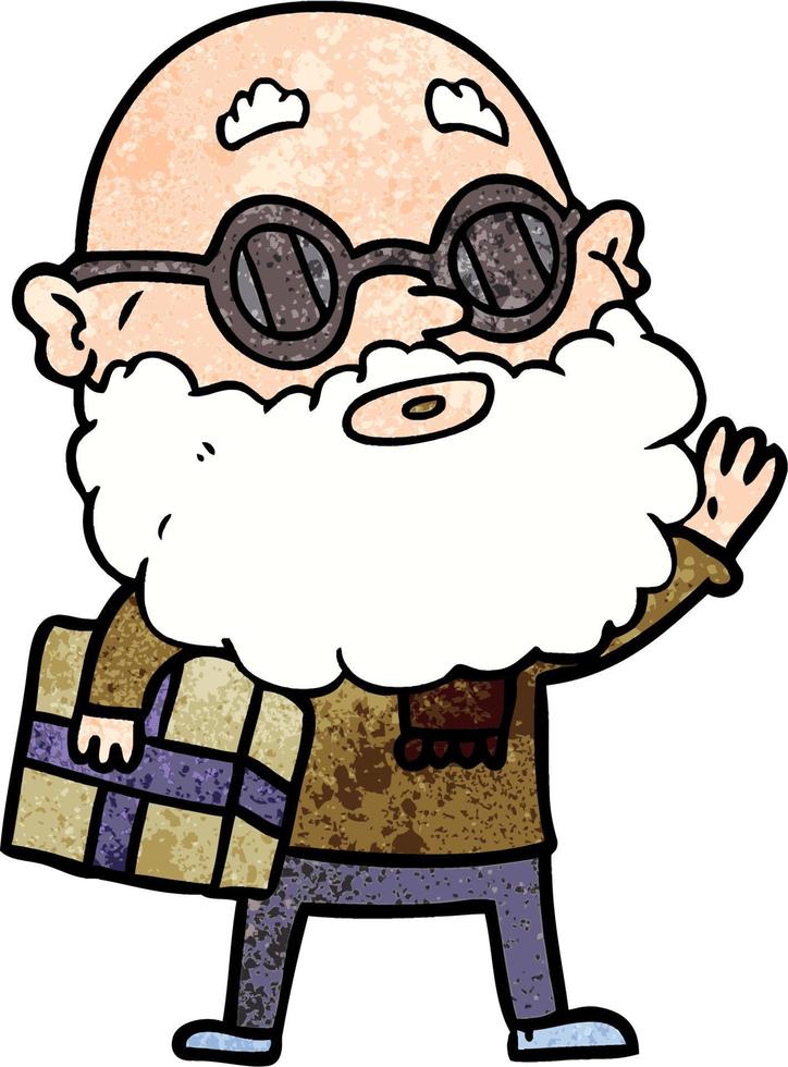 homme de dessin animé de texture grunge rétro avec barbe portant des lunettes vecteur