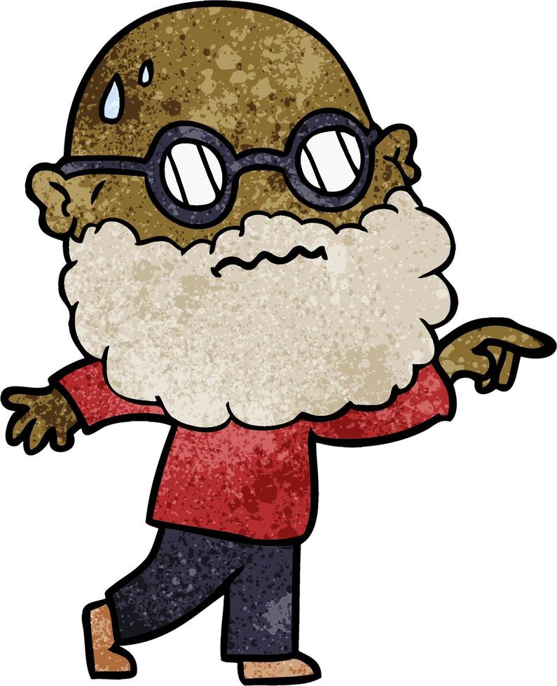 homme de dessin animé de texture grunge rétro avec barbe portant des lunettes vecteur