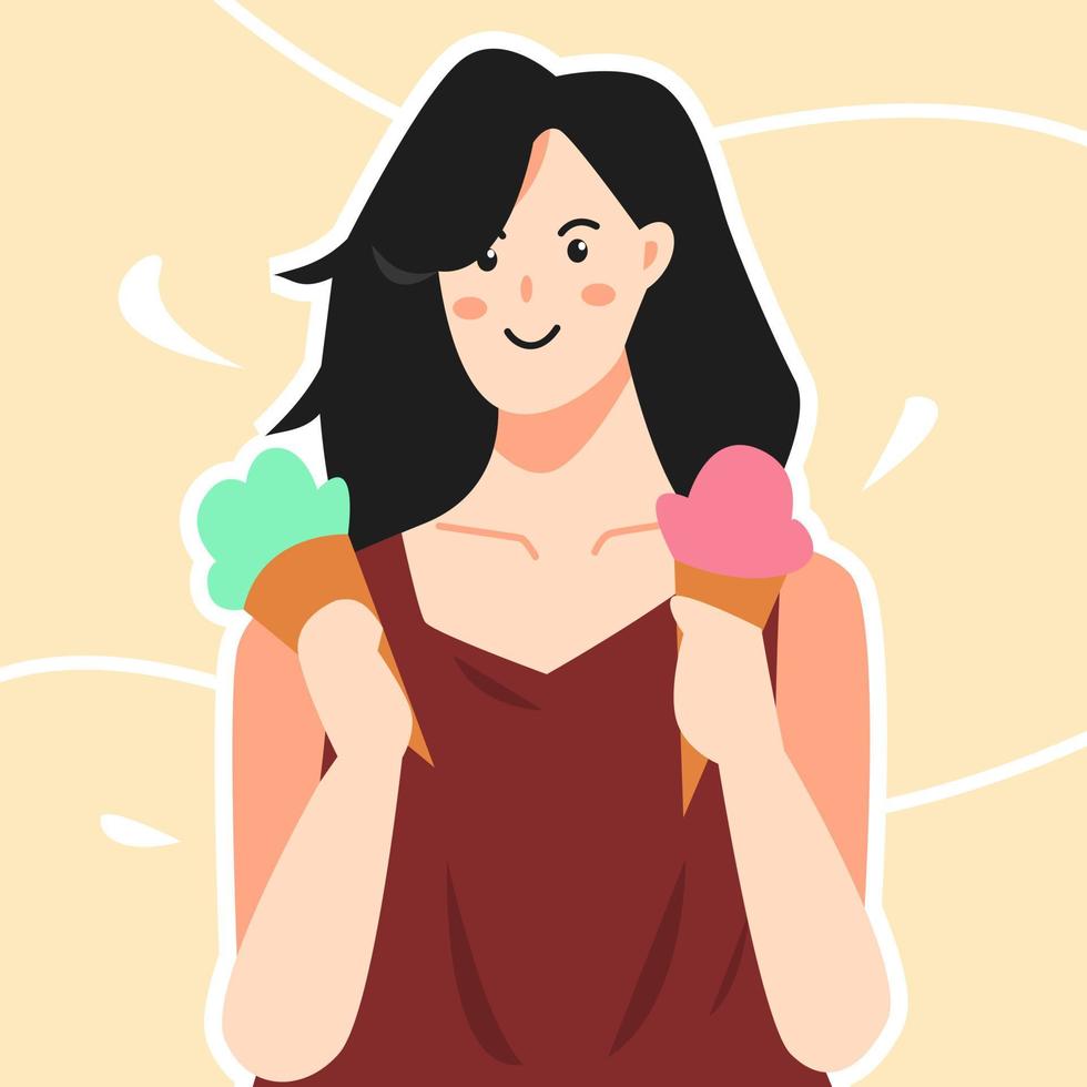 jolie fille tenant deux glaces. concept alimentaire, collation, dessert, délicieux. illustration vectorielle plane vecteur