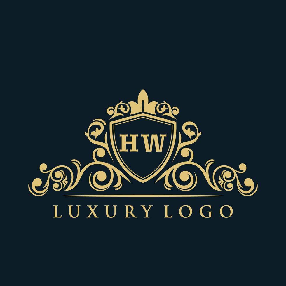 lettre hw logo avec bouclier d'or de luxe. modèle vectoriel de logo d'élégance.