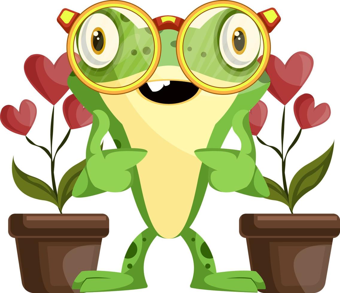 Grenouille botaniste en prenant soin de fleurs en forme de coeur, illustration, vecteur sur fond blanc.