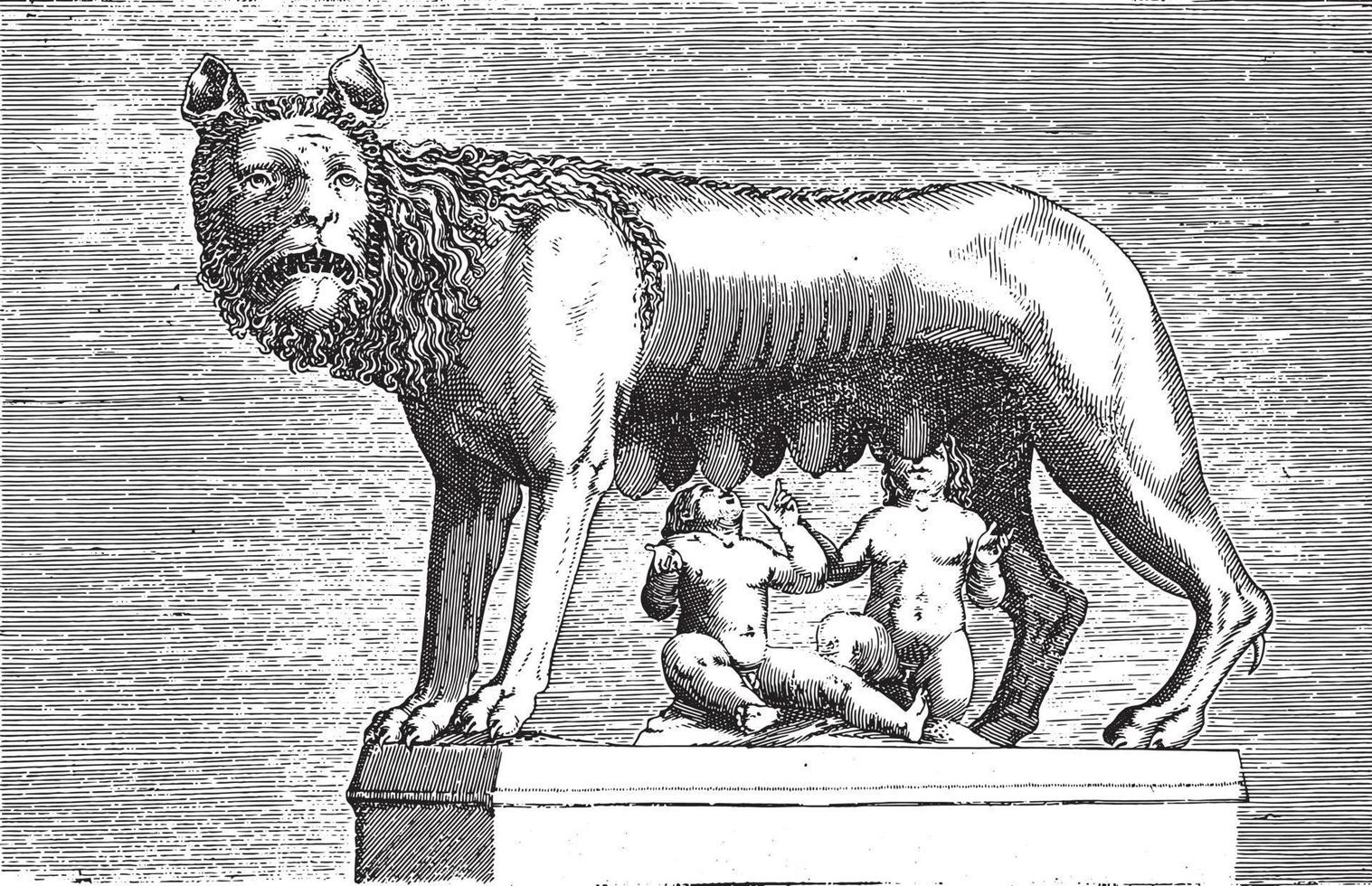 sculpture de la lupa capitolina allaitant les jumeaux romulus et remus, anonyme, 1584, illustration vintage. vecteur