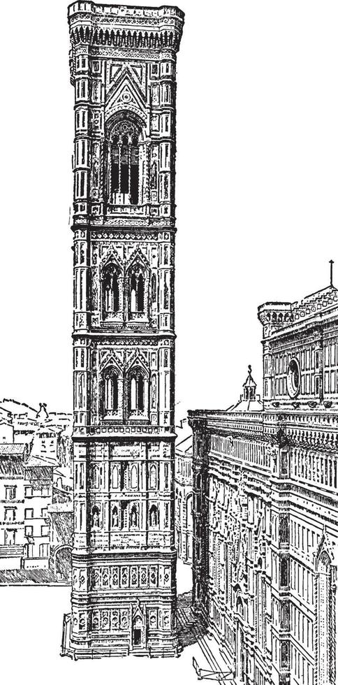 campanile de giotto, riches décorations sculpturales, gravure vintage. vecteur