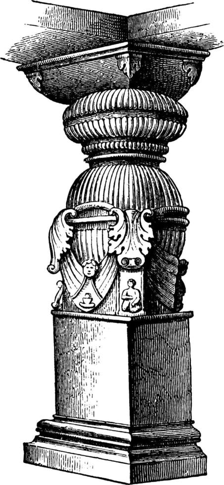 pilier indien du temple rupestre de parasona rama à ellora, illustration vintage. vecteur