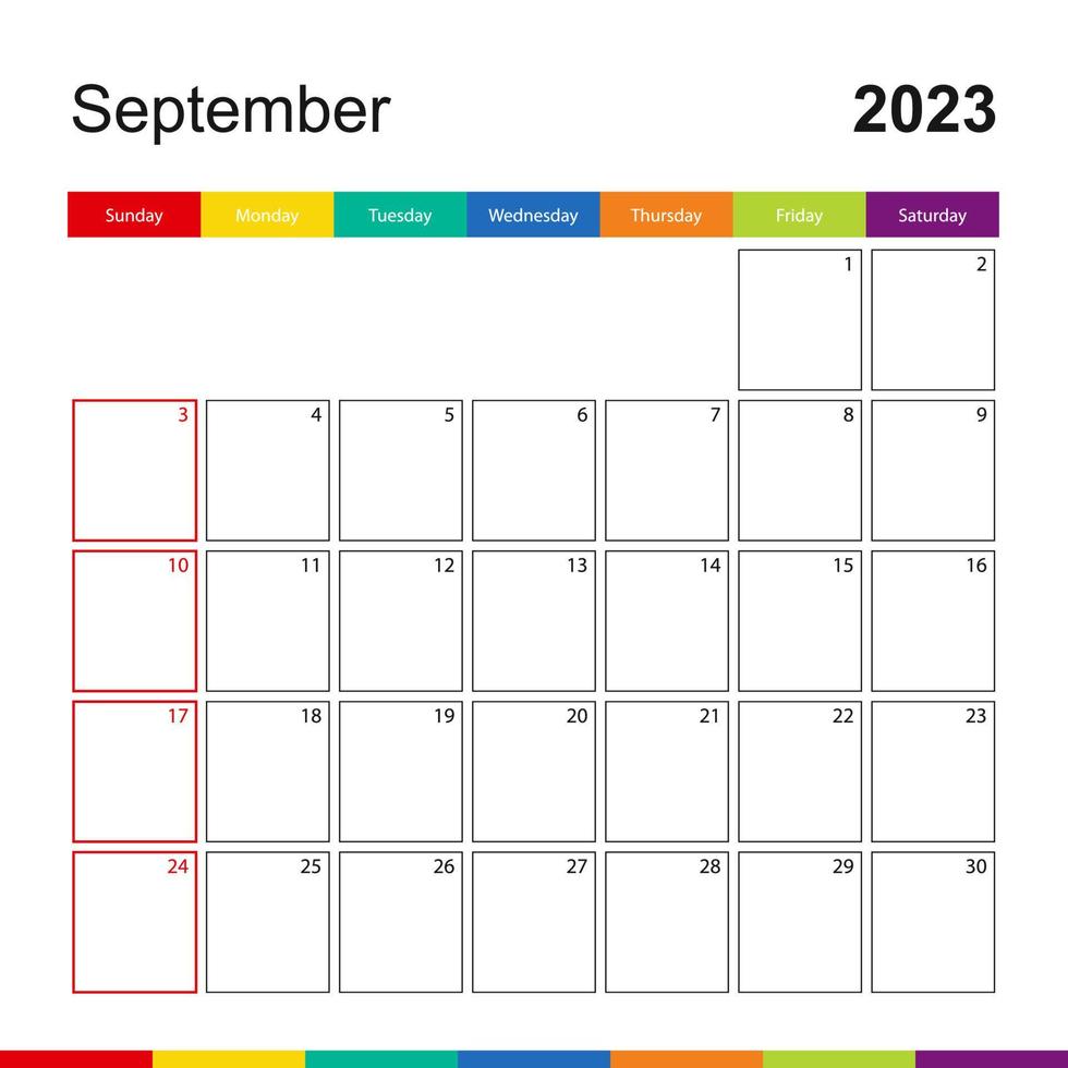 calendrier mural coloré de septembre 2023, la semaine commence le dimanche. vecteur