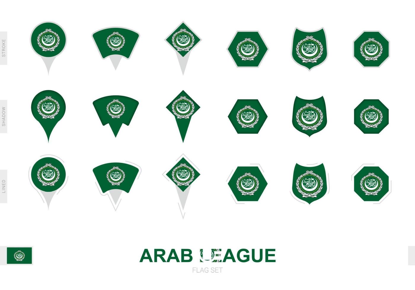 collection du drapeau de la ligue arabe sous différentes formes et avec trois effets différents. vecteur