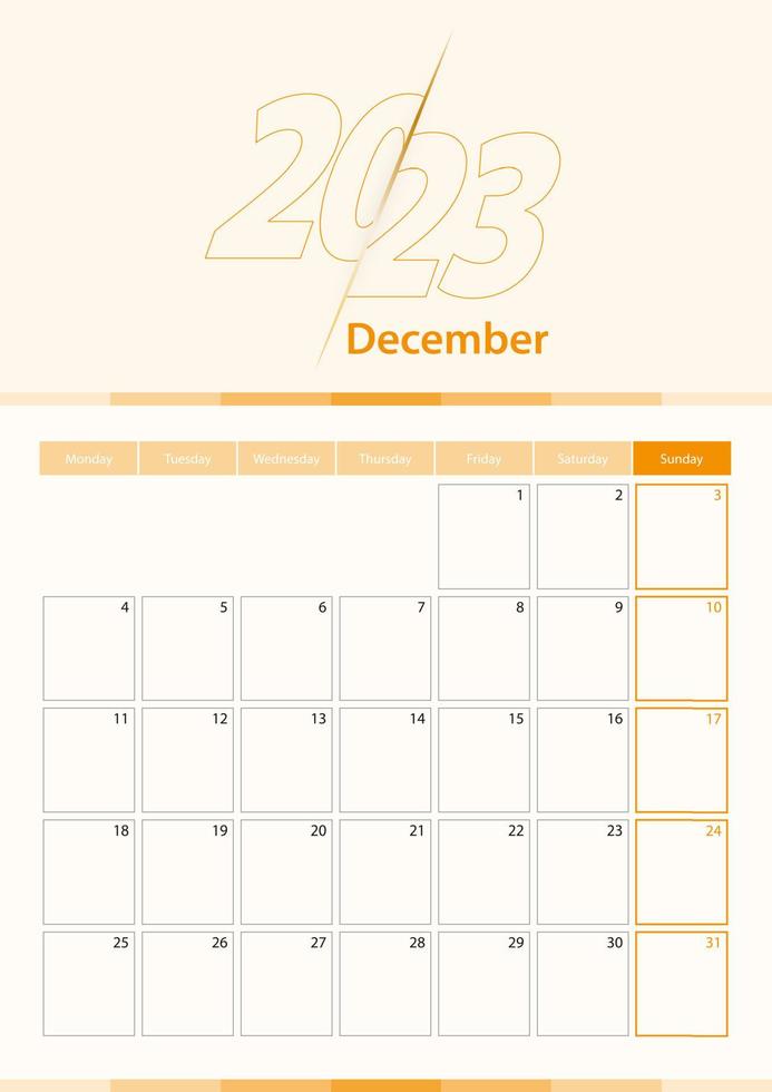 feuille de calendrier vertical vectoriel moderne pour décembre 2023, planificateur en anglais.
