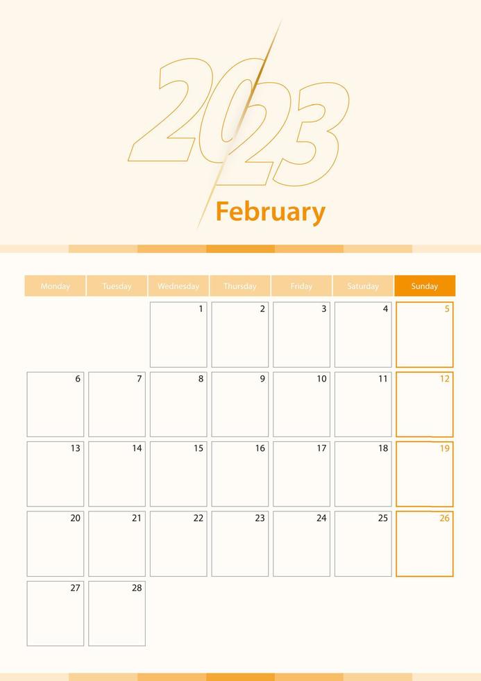feuille de calendrier vertical vectoriel moderne pour février 2023, planificateur en anglais.