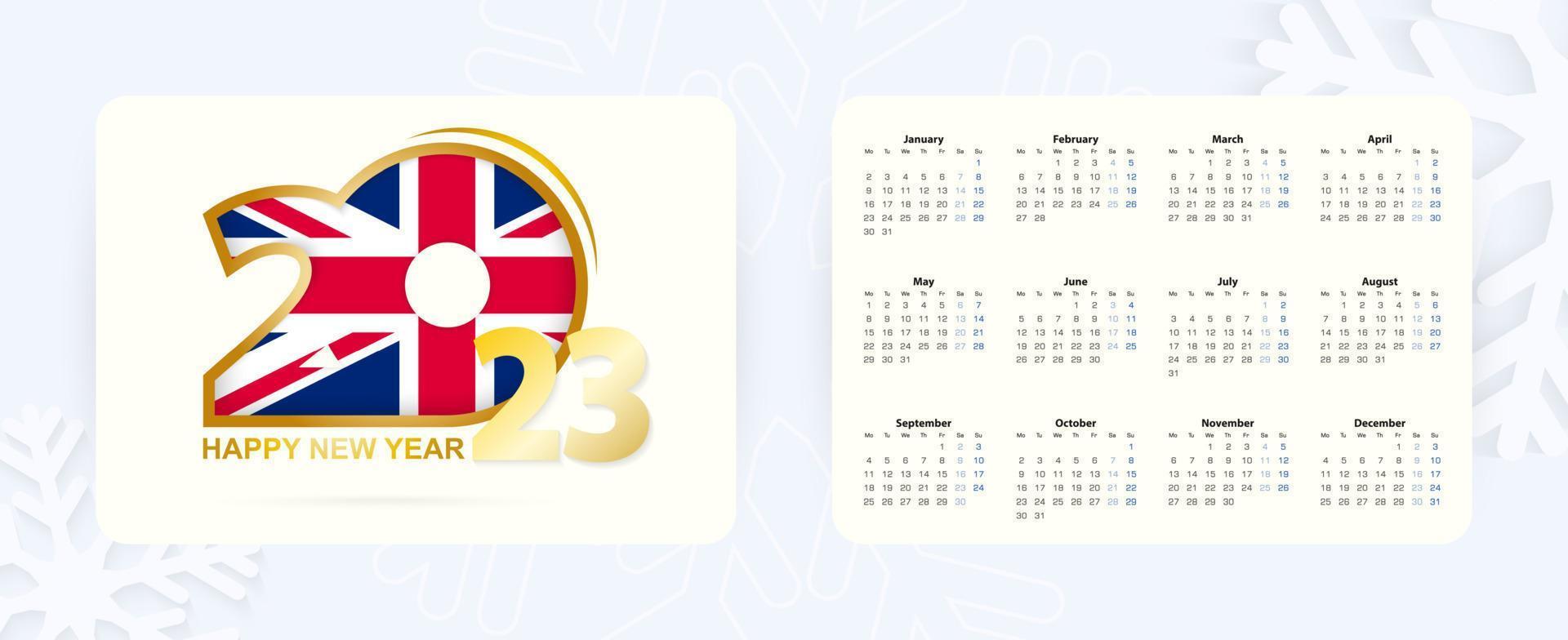 calendrier de poche horizontal 2023 en langue anglaise. icône du nouvel an 2023 avec le drapeau du royaume-uni. vecteur